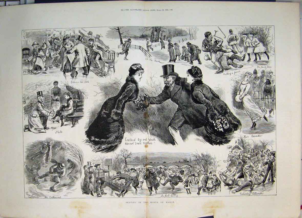 Original Old Antique Print Skating In Month March Frozen River Bed 1886 19th
