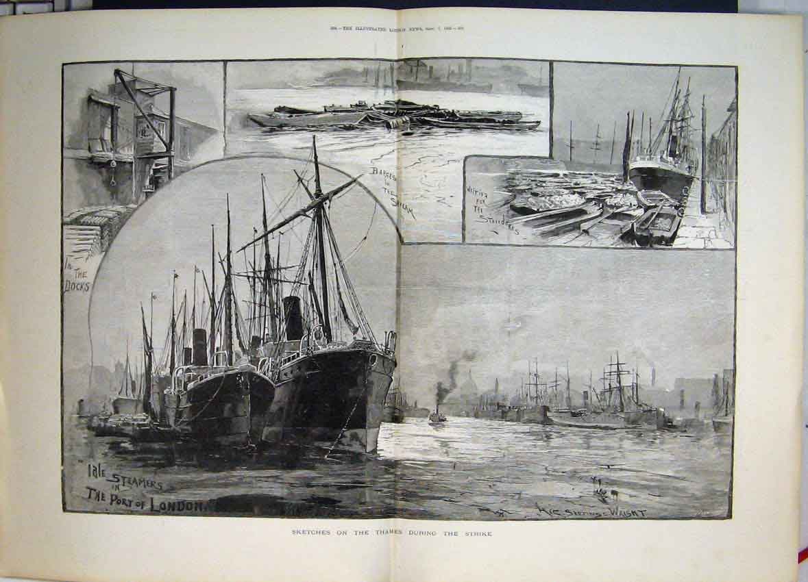 Original Old Antique Print Scenes Thames Barges Steamers No Stevedores 1889 19th