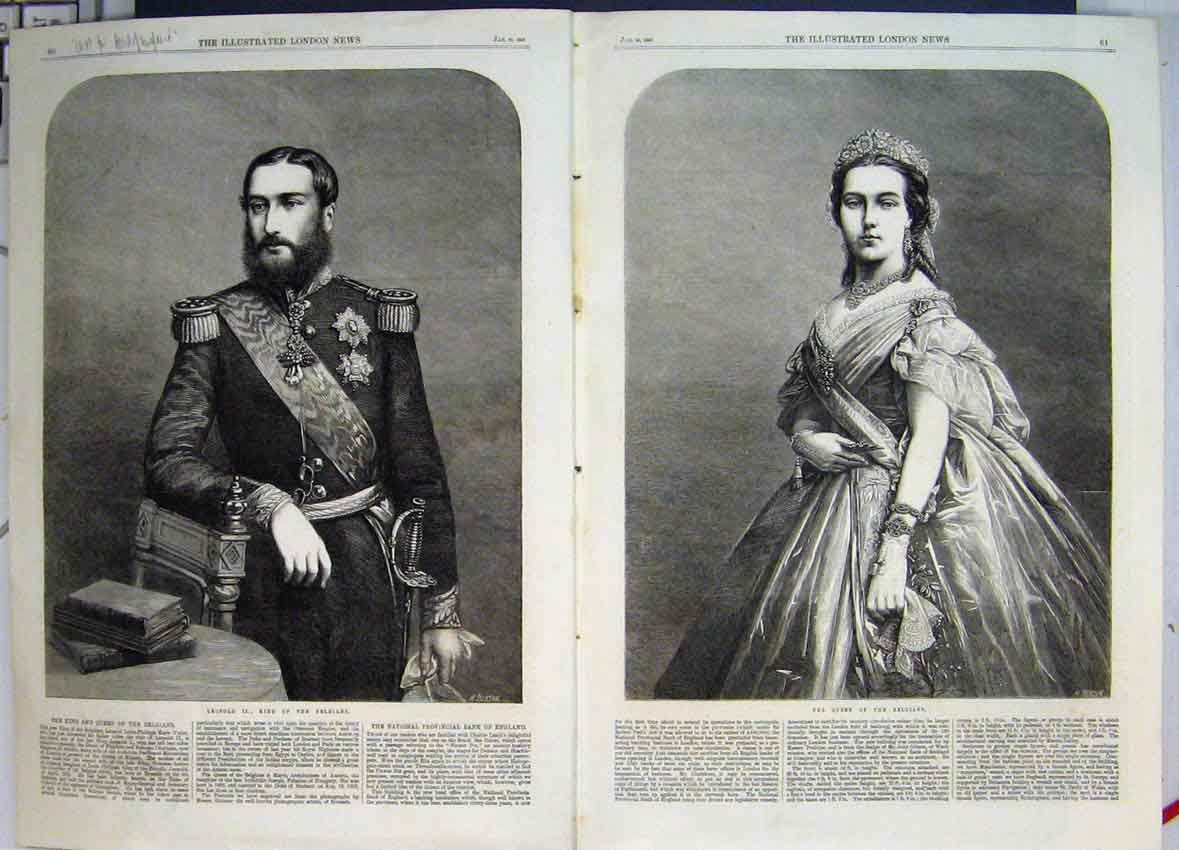 Original Old Antique Print Leop2Nd King Queen Belgians 1866 Portraits
