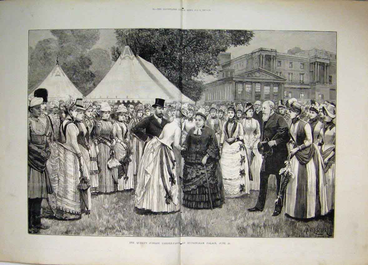 Original Old Antique Print Queen Jubilee Garden Party Buckingham Palace 1887