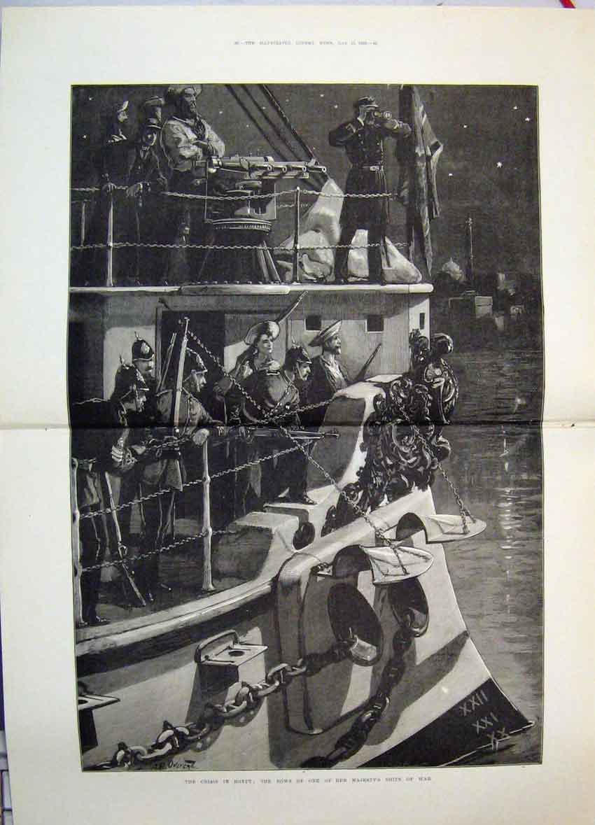 Original Old Antique Print Egypt Crisis Bows One Majestys Ships War 1882 19th