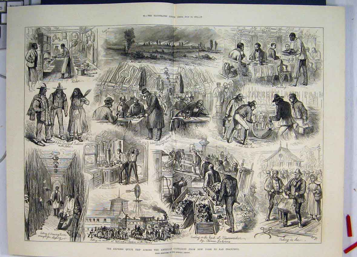 Original Old Antique Print Train Across America New York San Francisco 1876 19th