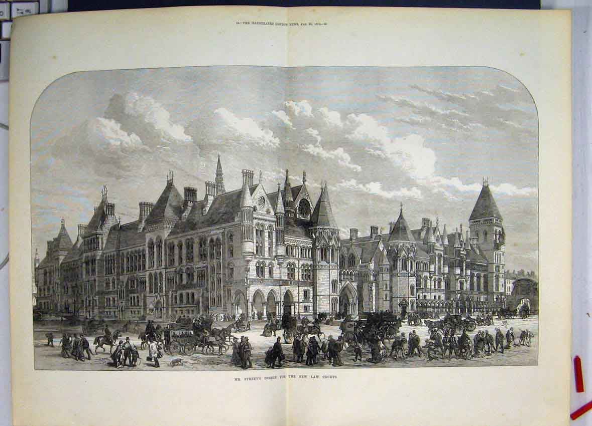 Original Old Antique Print Mr Streets Design For New Law Court Building1872 19th