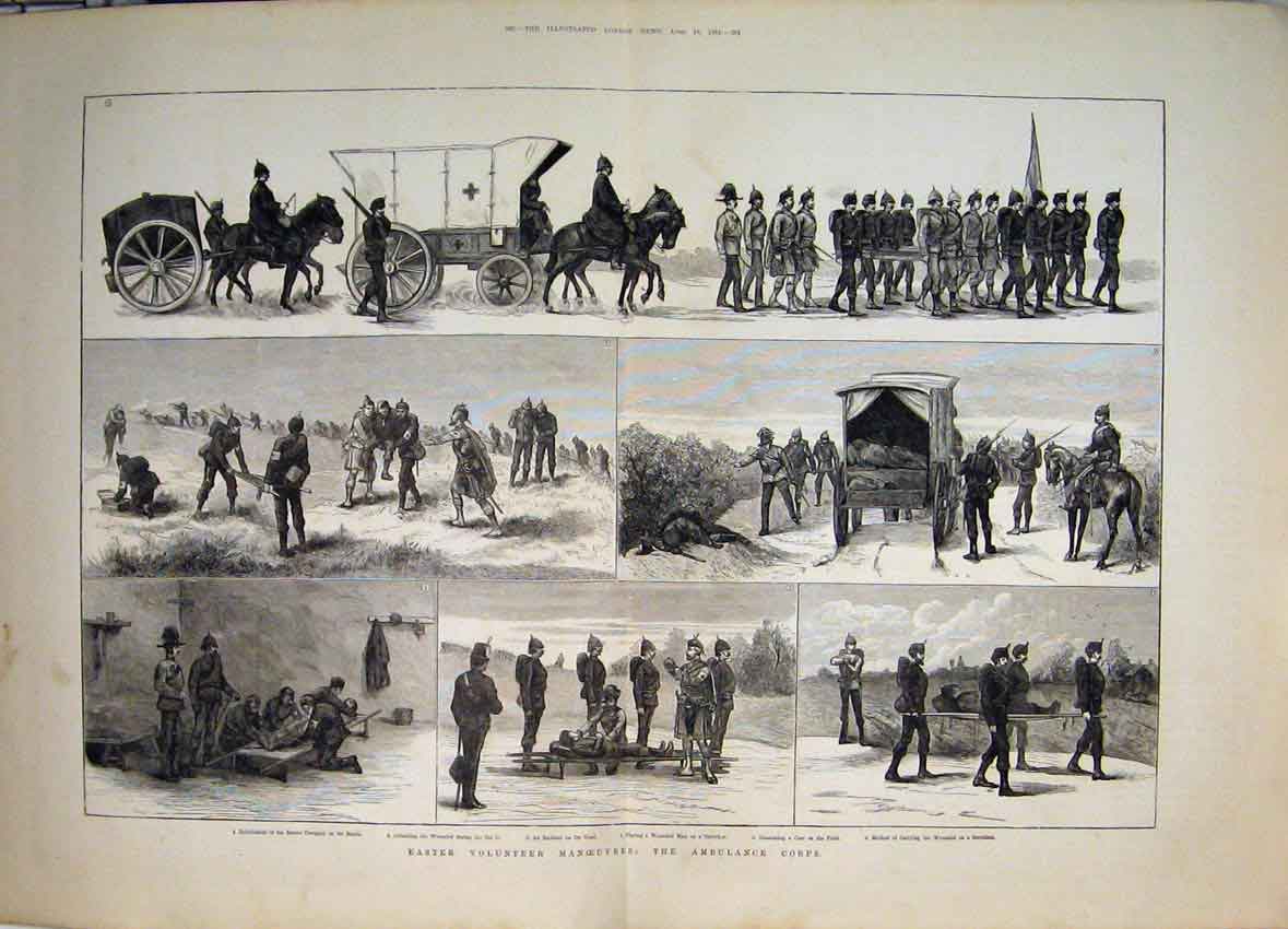 Original Old Antique Print Easter Manouvres Ambulance Corps Wounded Sier 1884