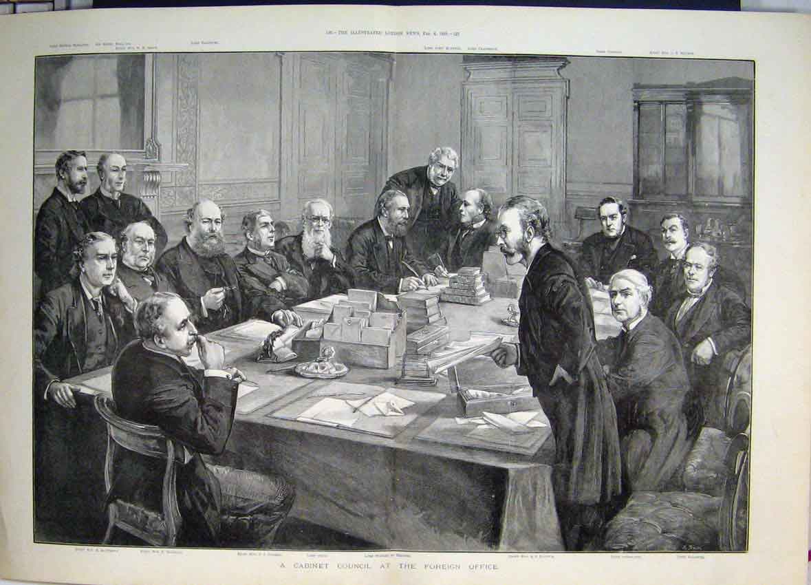 Old Antique Print Cabinet Council Foreign Office 1888 Men Table Fine Art 19th