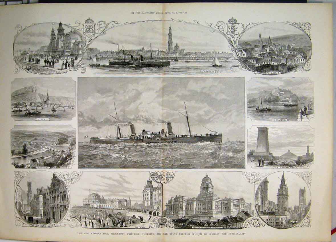 Old Antique Print Belgian Mail Steam Boat Princesse Josephine 1889 Sketch 19th