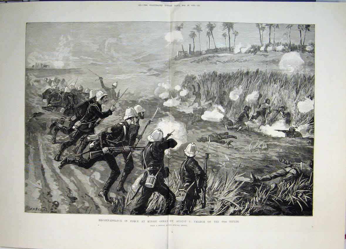 Original Old Antique Print 1882 Reconnaissance Force Kindji Osman Charge Rifles