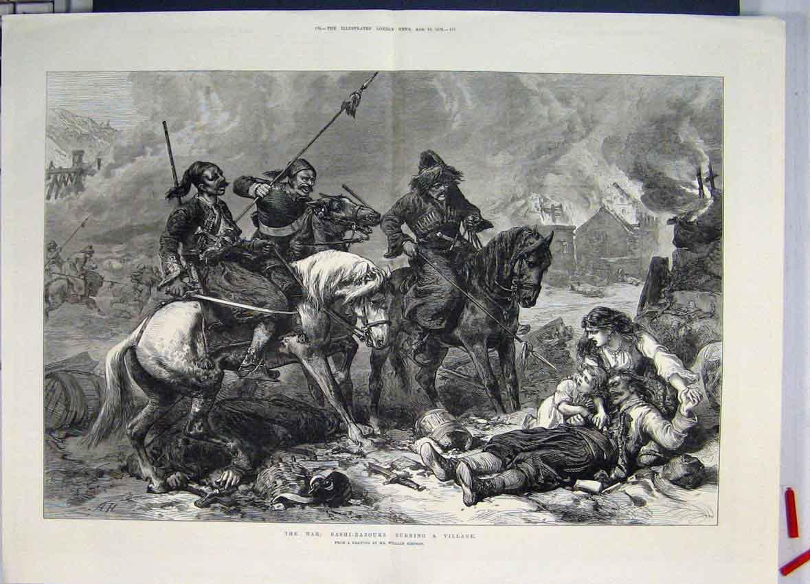 Original Old Antique Print War Bashi Bazouks Burning Village 1876 Drawing Horse