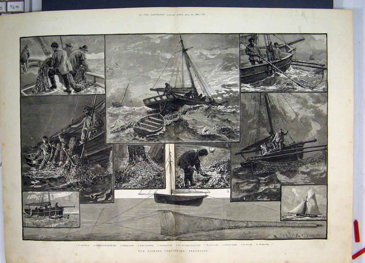 Original Old Antique Print Fishing Industires Boats Sea Stormy 1883 Victorian