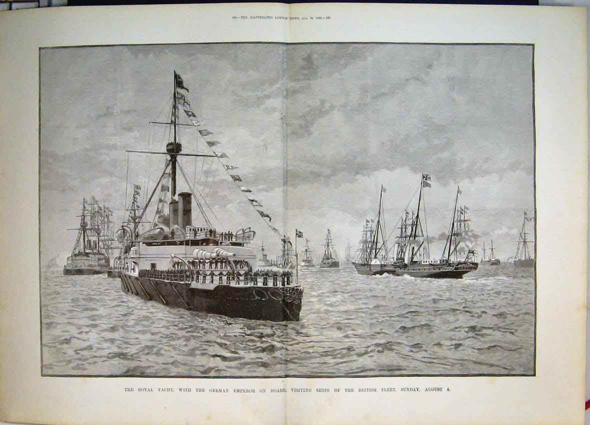 Original Old Antique Print 1889 Royal Yacht German Emperor British Fleet Ships