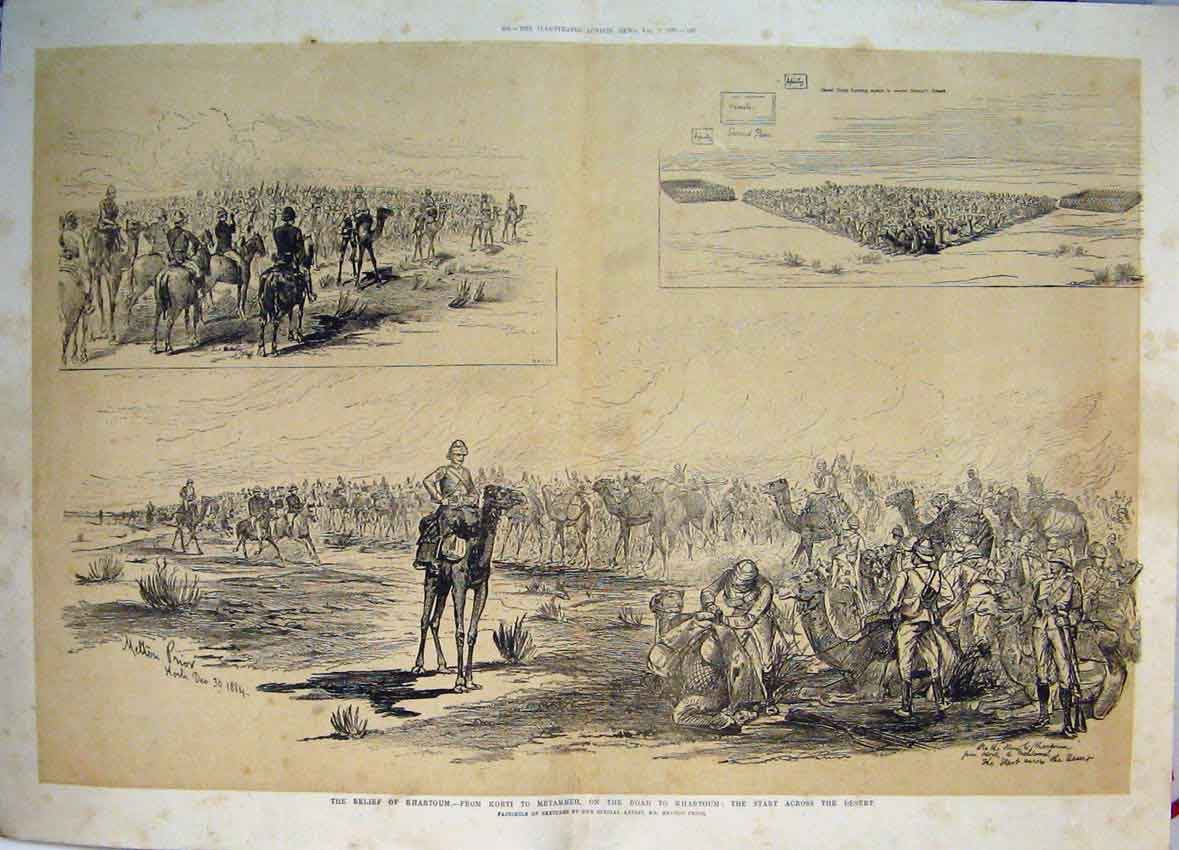Old Antique Print 1885 Khartoum Relief Korti Metammeh Desert Camels Sepia 19th
