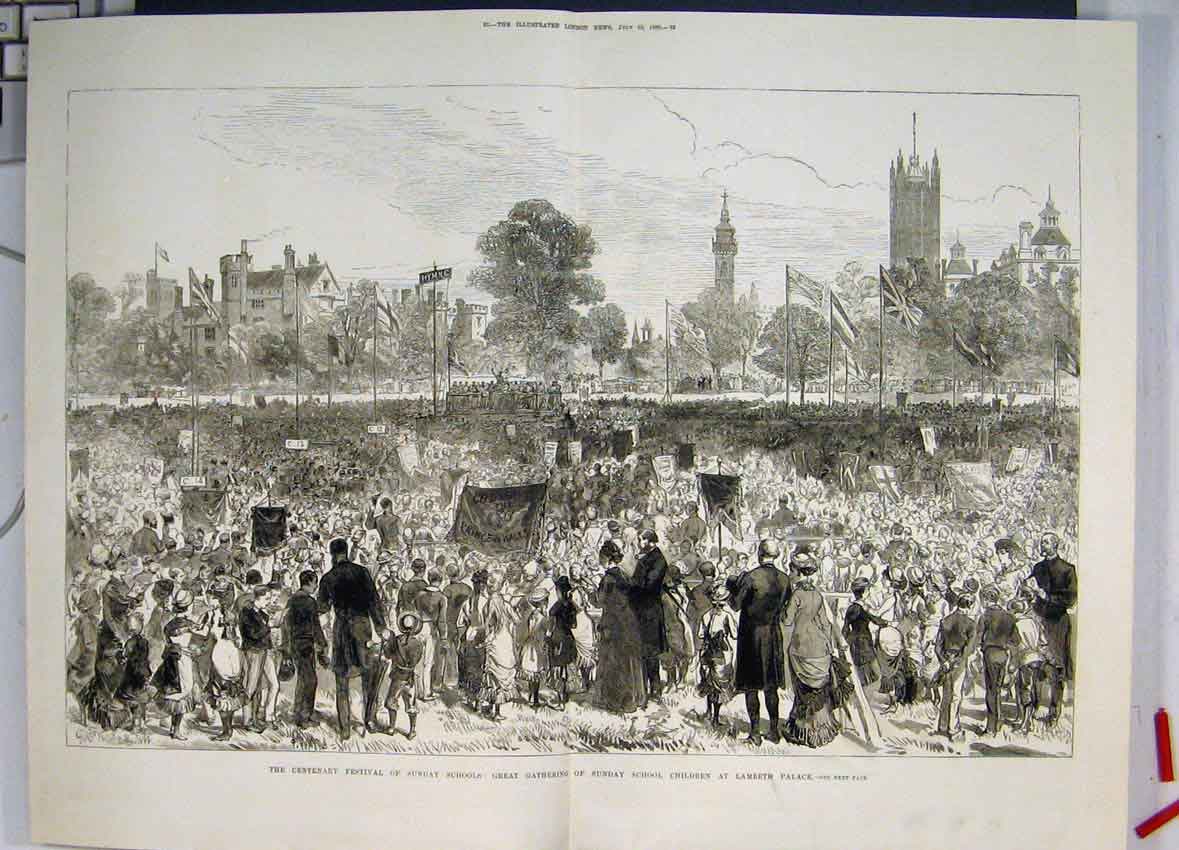 Old Antique Print Centenary Festival Sunday Schools Children Lambeth 1880 19th