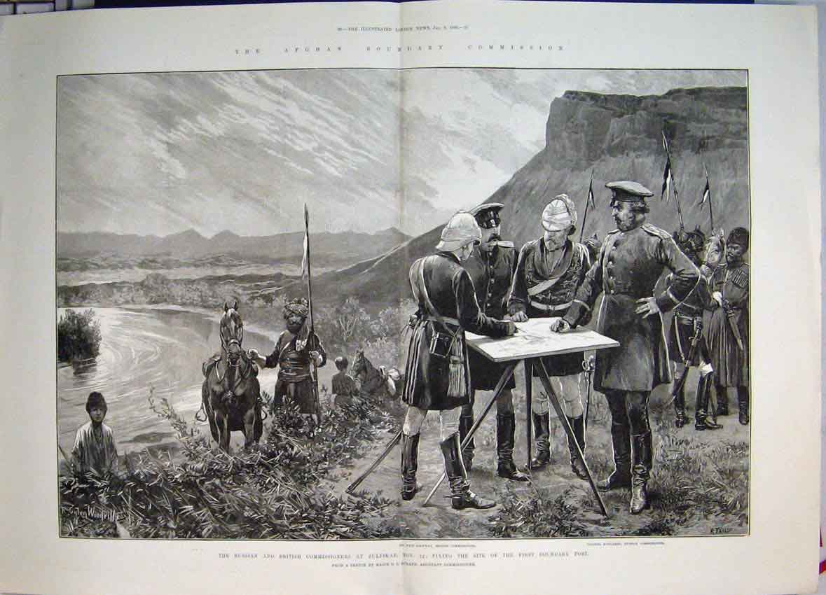 Original Old Antique Print Russian British Commissioners Zulfikar 1886 Sketch