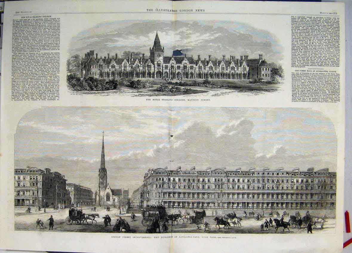 Original Old Antique Print 1866 Royal Dramatic College Maybury Surrey Hyde Park