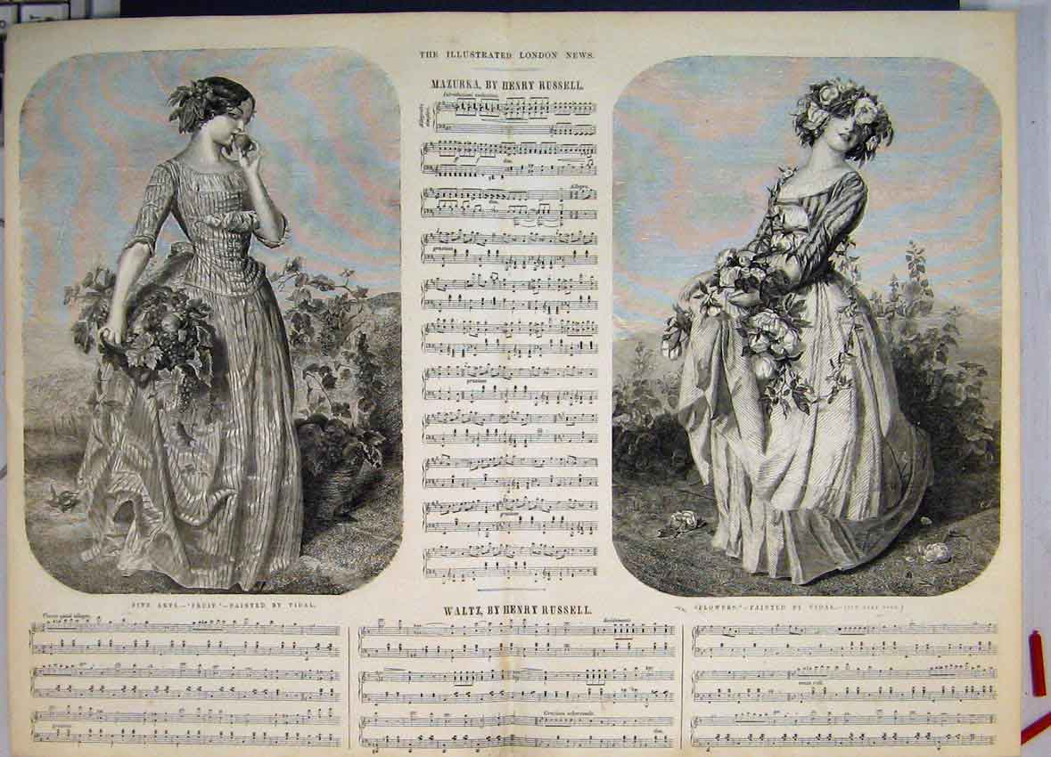Old Antique Print Sheet Music Mazurka Waltz Henry Russell Fruit Flowers