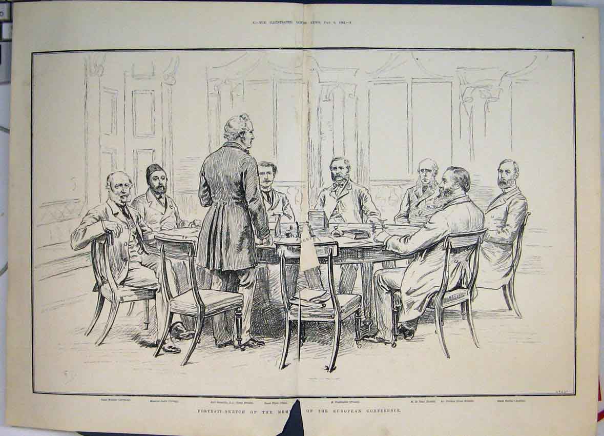 Old Antique Print *0019 Portrait Sketch Members European Conference 1884 20th