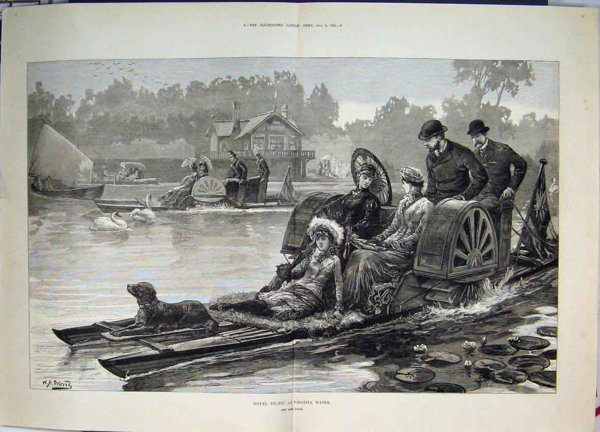 Old Antique Print Royal Picnic Virginia Water Canal Boat Dog Geese 1881 19th