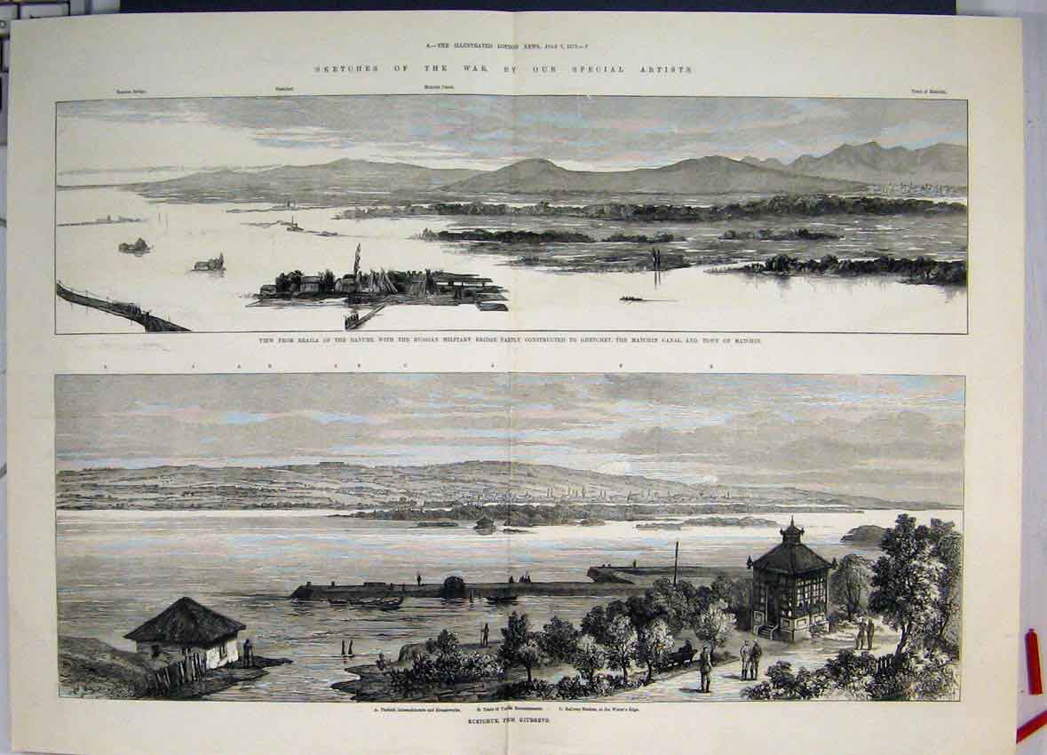 Original Old Antique Print War Turkish Intrenchments Tents Matchin Railway 1877