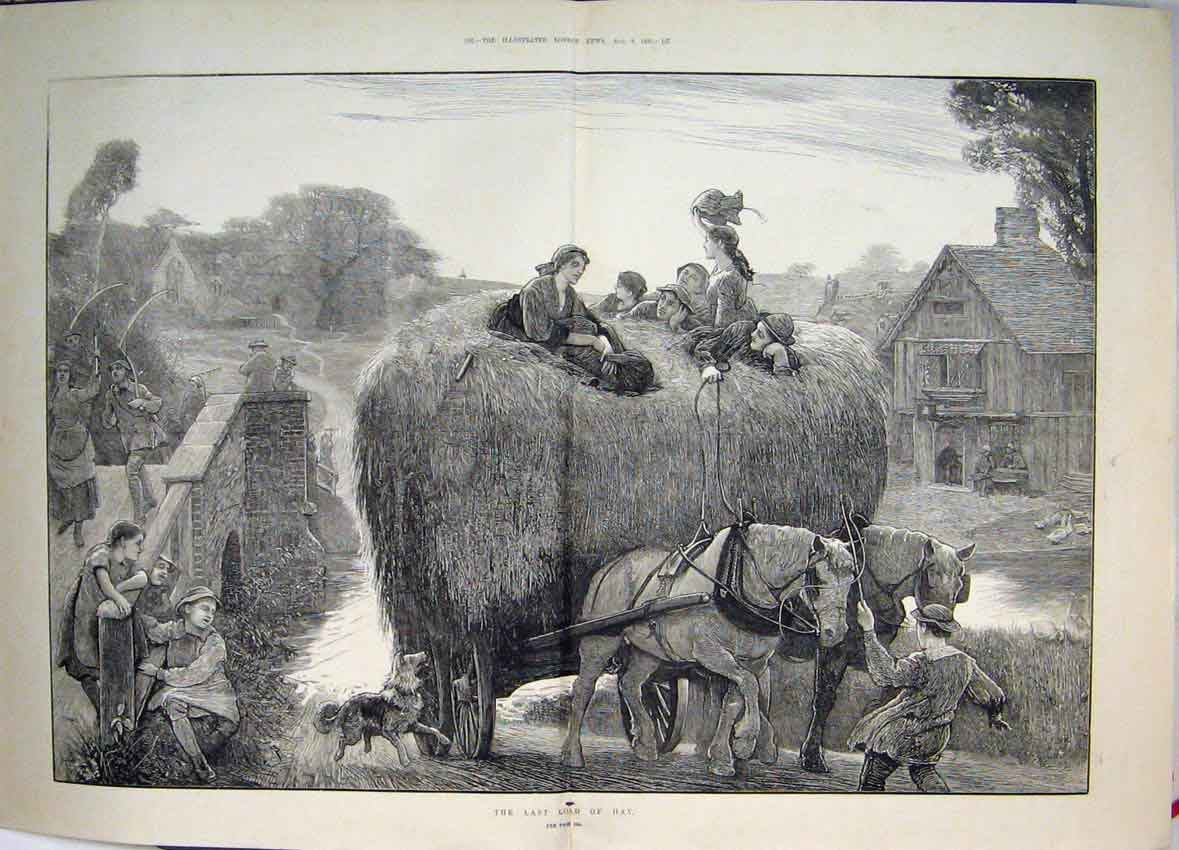 Old Antique Print Load Hay Horses Cart Children Dogs Country Scene 1881 19th