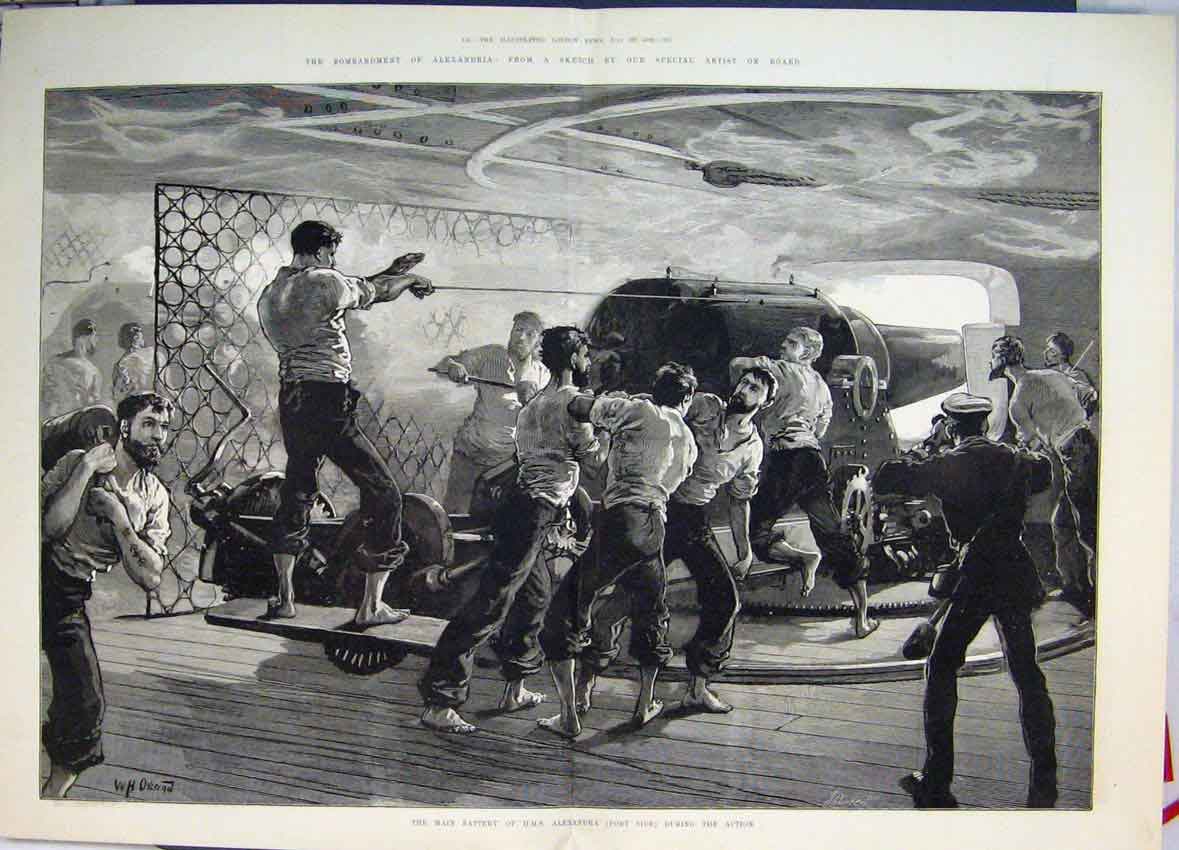 Old Antique Print Battery Hms Alexandria Action 1882 Bombardment Sketch 19th