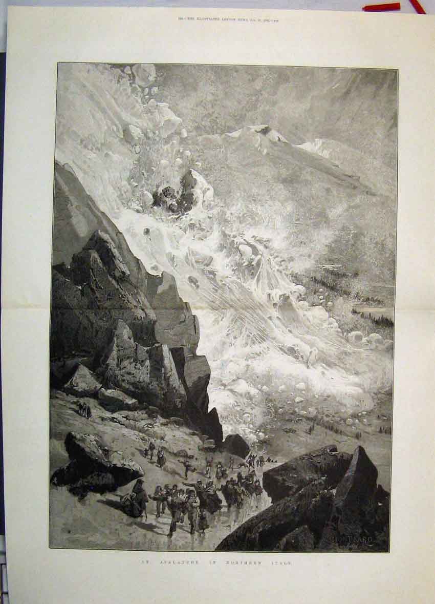 Original Old Antique Print 1885 Avalanche Northern Italy Snow Scene Fine Art