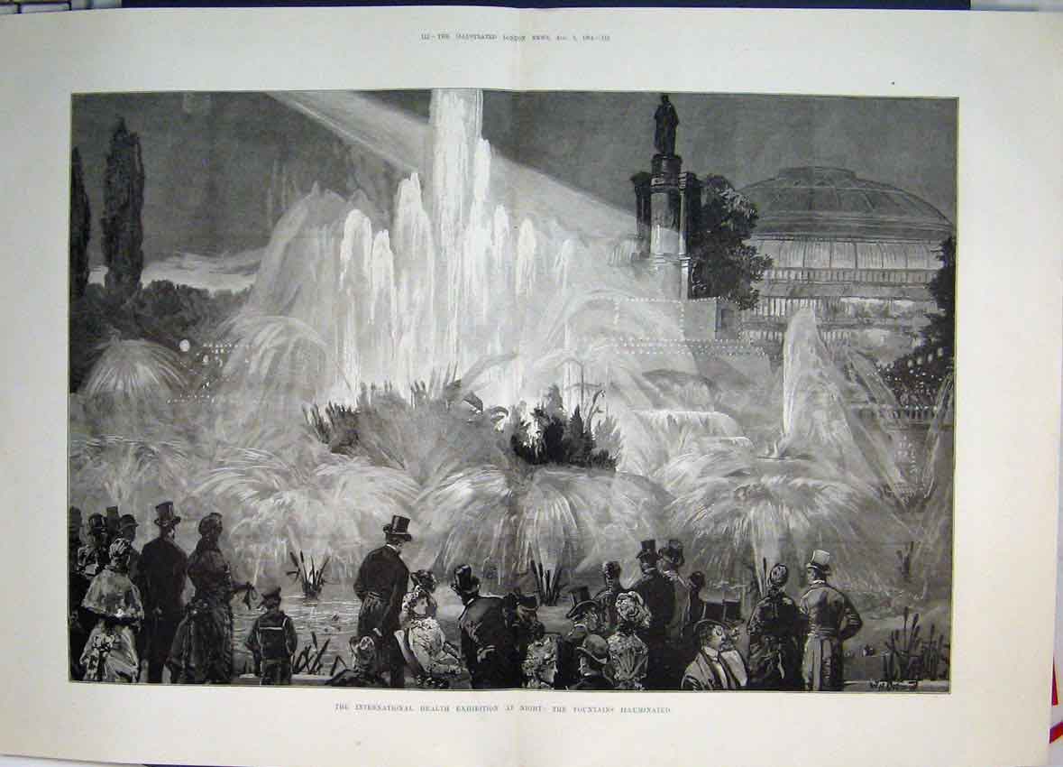 Original Old Antique Print International Health Exhibition Fountains Night 1884