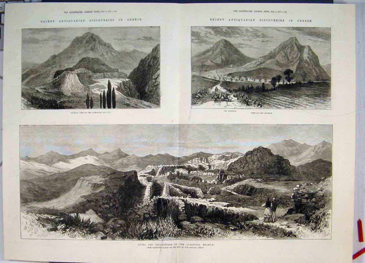 Old Antique Print Ruins Excavations Acropolis Mycene Greece 1877 Sketches 19th