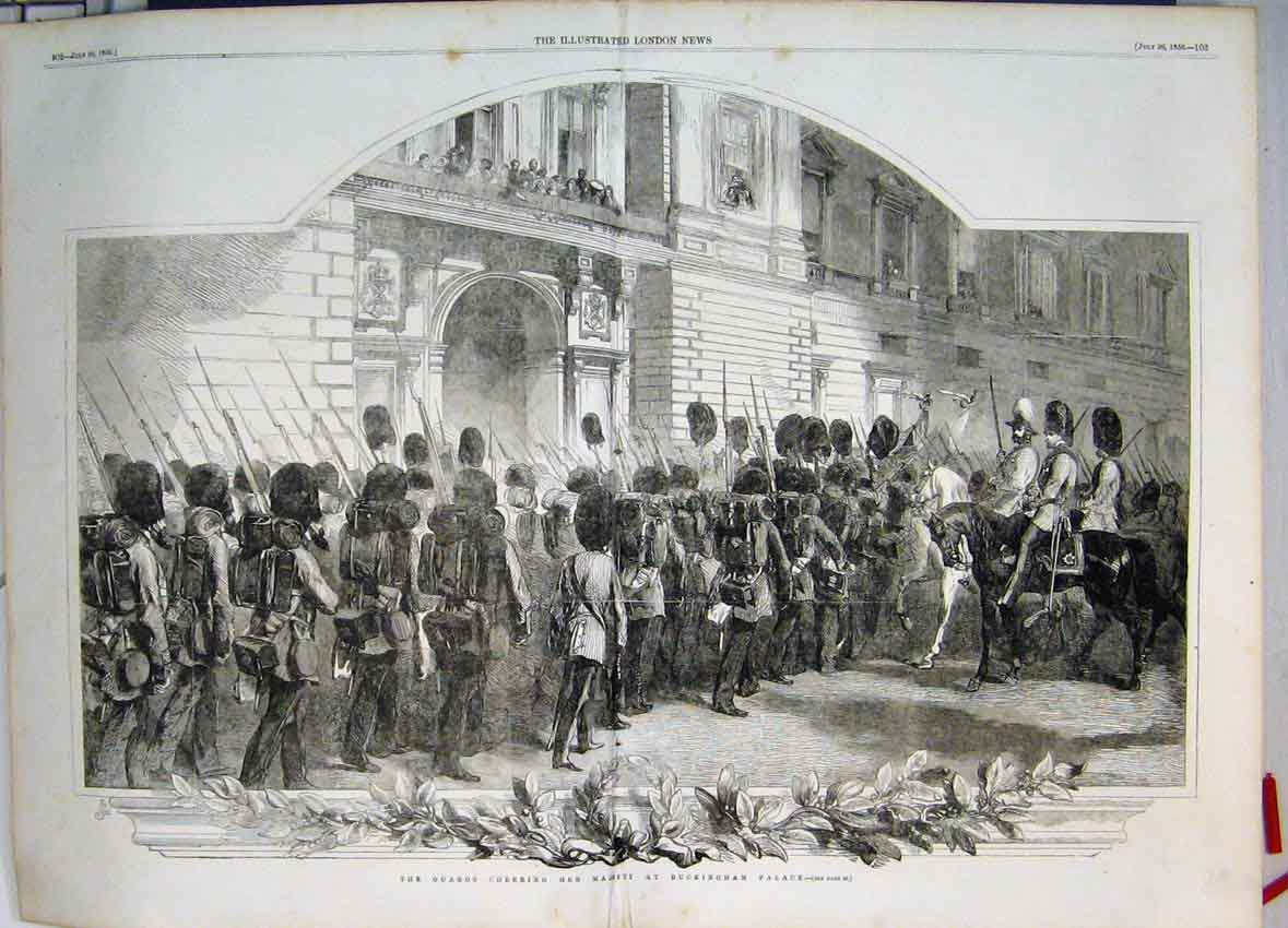 Original Old Antique Print Guards Cheering Majesty Buckingham Palace 1856 19th