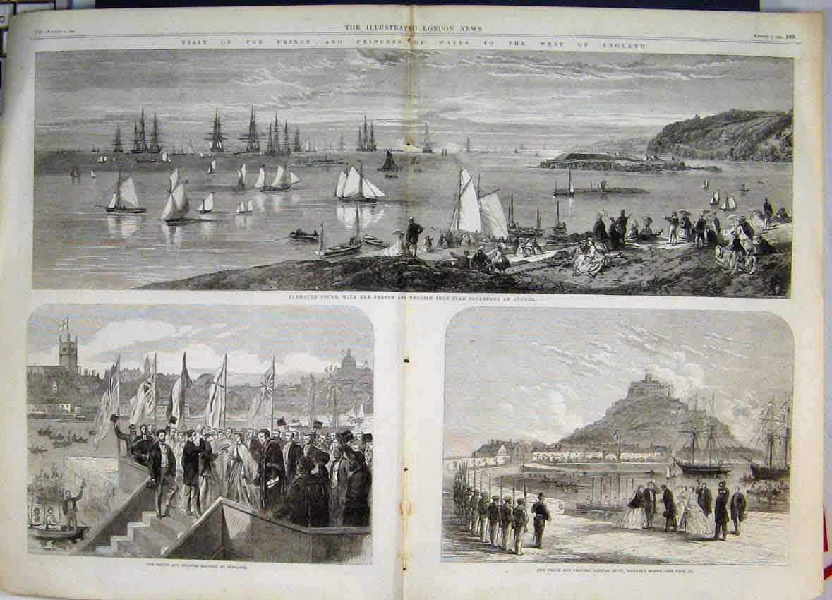 Old Antique Print Princess Wales Penzance Plymouth Sound Iron Clad 1865 19th