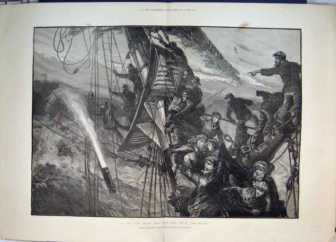 Old Antique Print Ship Stormy Sea Life Brigade Line Shore 1887 Fine Art 19th