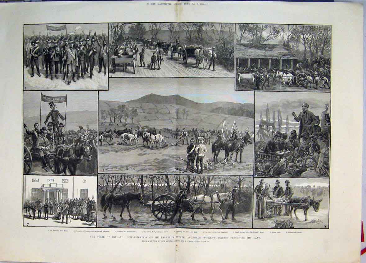 Old Antique Print Ireland Parnell Estate Ploughing Brass Band 1882 Sketch 19th