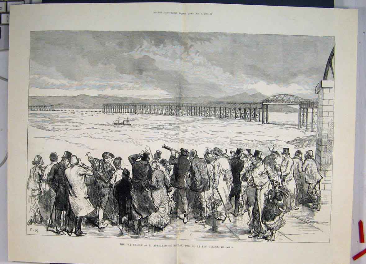 Original Old Antique Print Tay Bridge Railway River Scotland People Boat1889