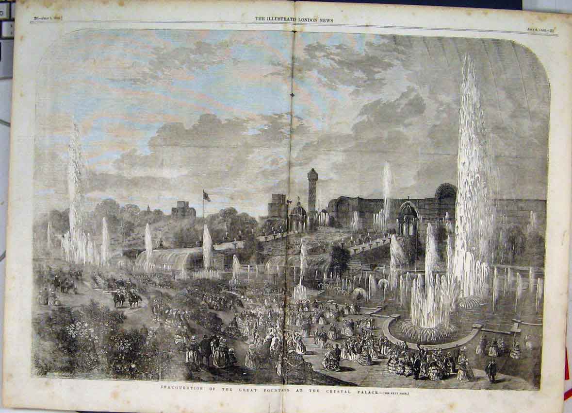 Original Old Antique Print Inauguration Fountains Crystal Palace 1856 Fine Art