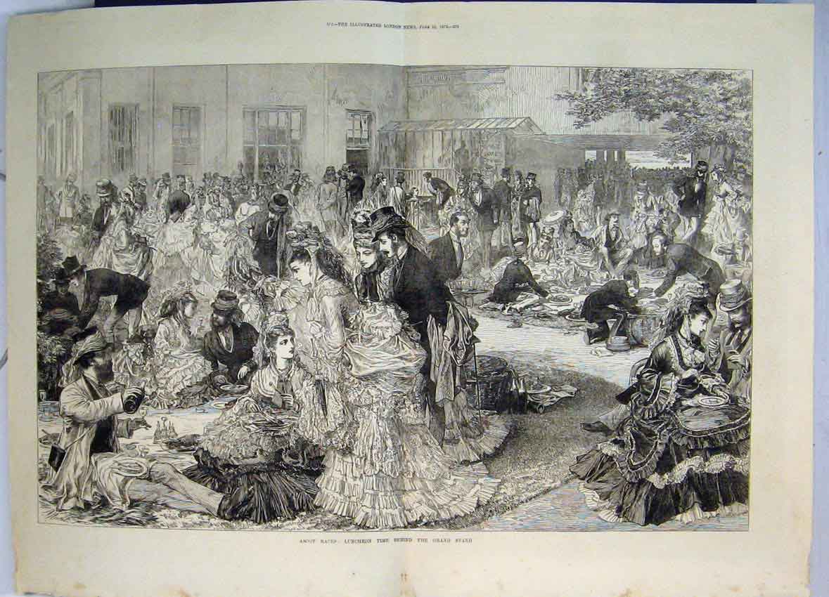 Original Old Antique Print Ascot Races 1872 Family Luncheon Behind Grand Stand