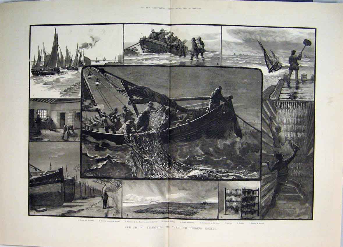 Original Old Antique Print 1883 Fishing Industries Yarmouth Herring Fishery Art