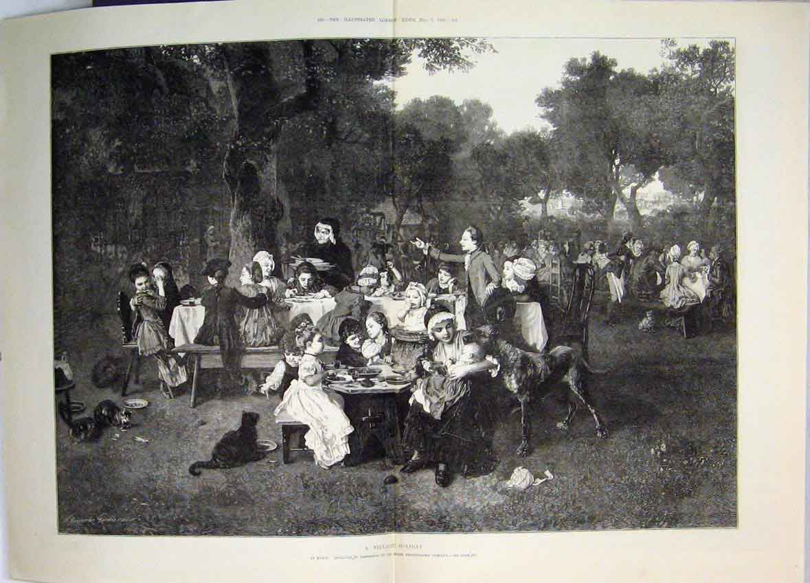Old Antique Print 1881 Village Holiday Families Picnic Country Park Dogs 19th