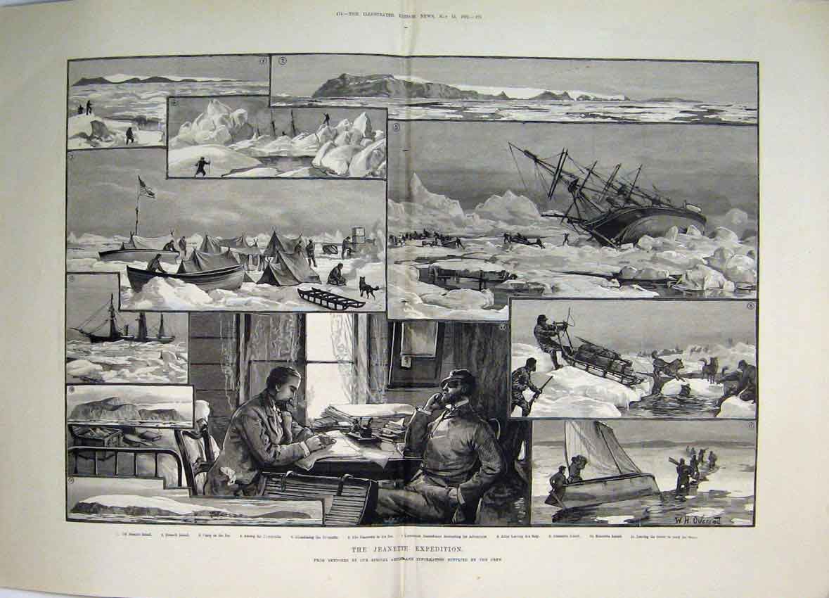 Old Antique Print 1882 Jeanette Expedition Bennett Island Ice Snow Camp 19th