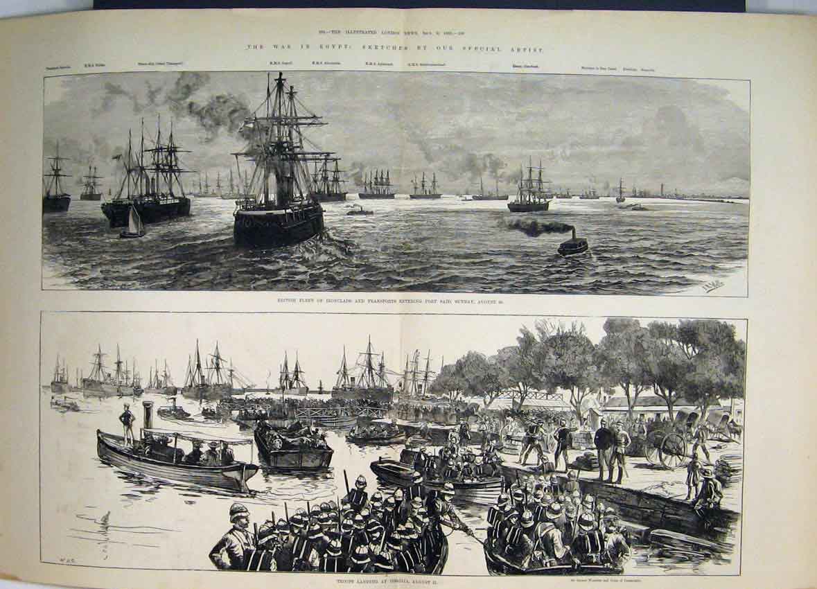 Old Antique Print War Egypt1882 British Fleet Ironclad Port Said Ismailia 19th