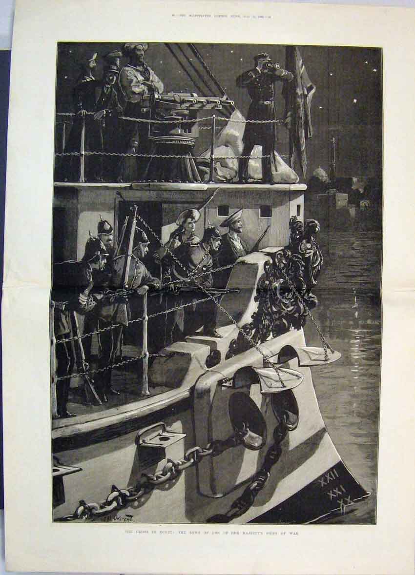 Original Old Antique Print Crisis Egypt 1882 Bow Her Majesty Ship War Fine Art