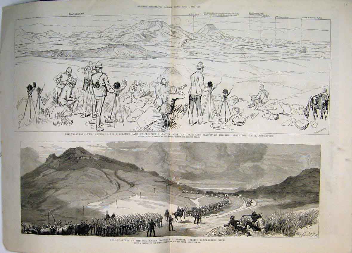 Original Old Antique Print Transvaal War 1881 General Colley Camp Prospect Hill