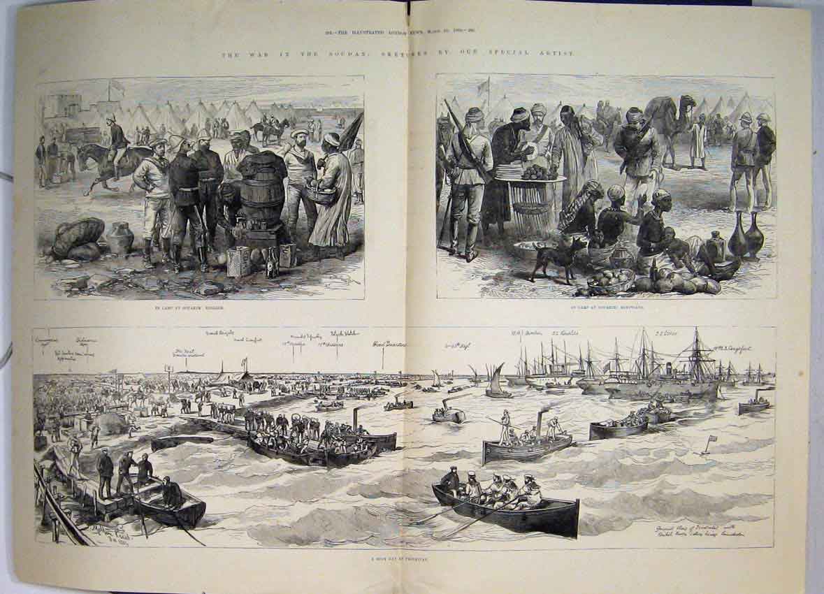 Old Antique Print War Soudan 1884 English Camp Souakim Trinkitat Egyptian 19th