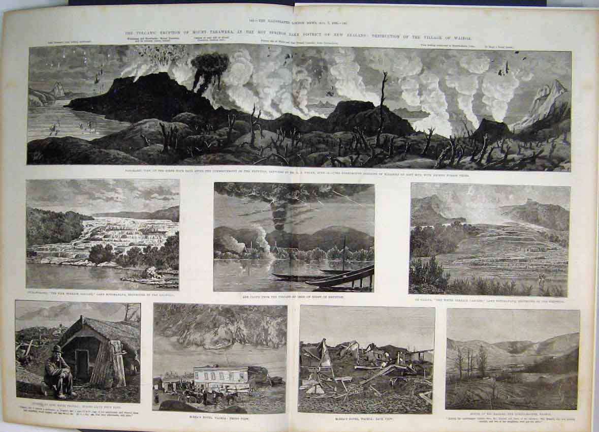 Old Antique Print 1886 Volcanic Eruption Mount Tarawera New Zealand View 19th