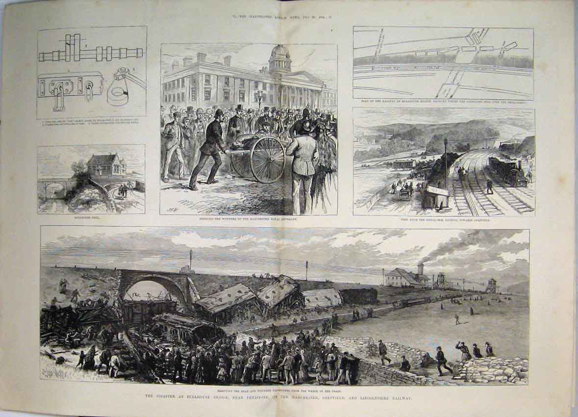 Old Antique Print 1884 Disaster Bullhouse Bridge Railway Train Wreck Dead 19th