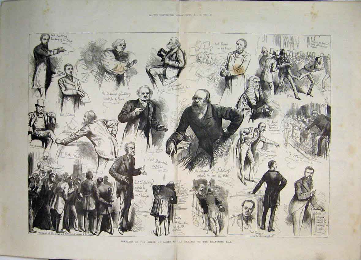 Original Old Antique Print 1884 House Lords Sketches Debates Franchise Bill Men