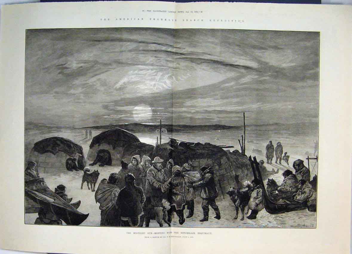 Old Antique Print American Franklin 1881 Midnight Sun Meeting Esquimaux 19th