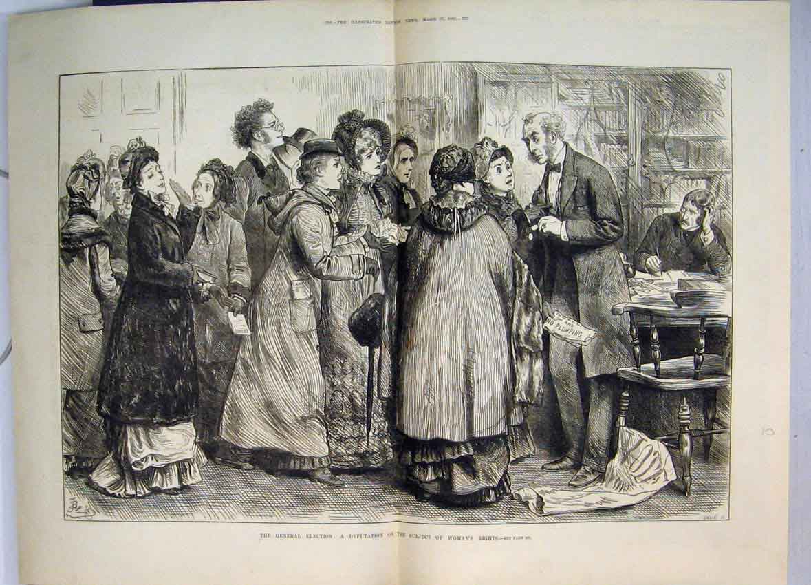 Original Old Antique Print 1880 General Election Deputation Woman Rights Sketch