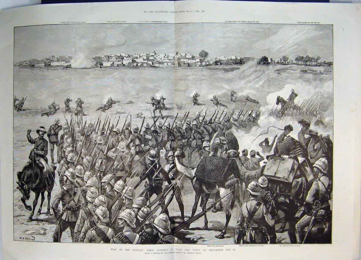 Original Old Antique Print 1885 War Soudan Attempt Town Metammeh Camel Rifles