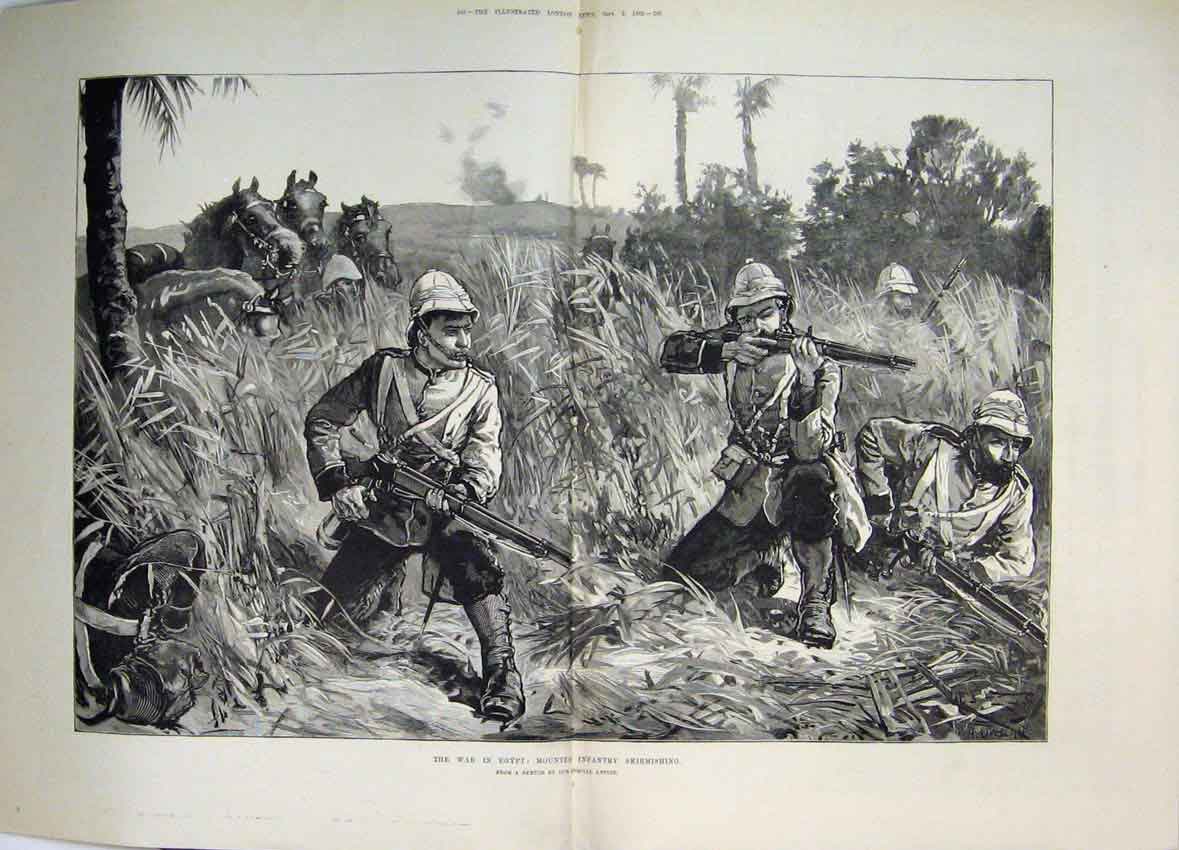 Original Old Antique Print War Egypt 1882 Mounted Infantry Skirmishing Rifles