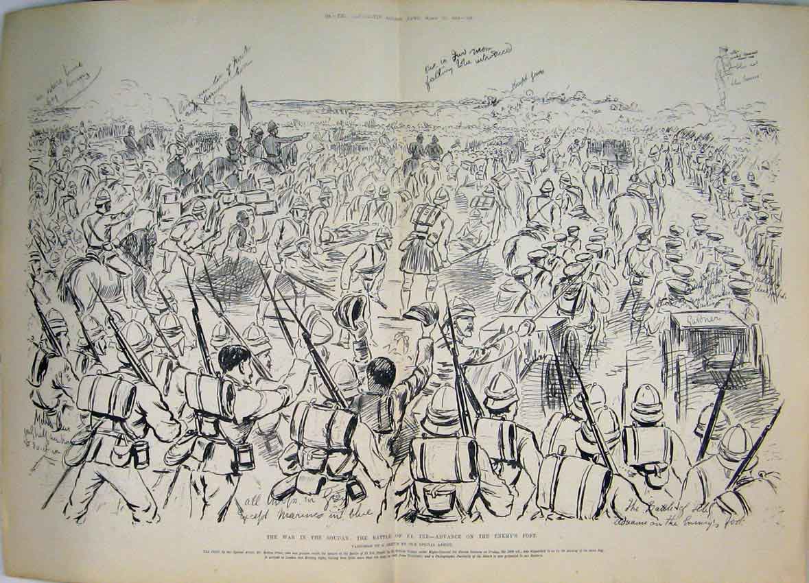 Old Antique Print 1884 War Soudan Battle El Teb Advance Enemy Fort Sketch 19th