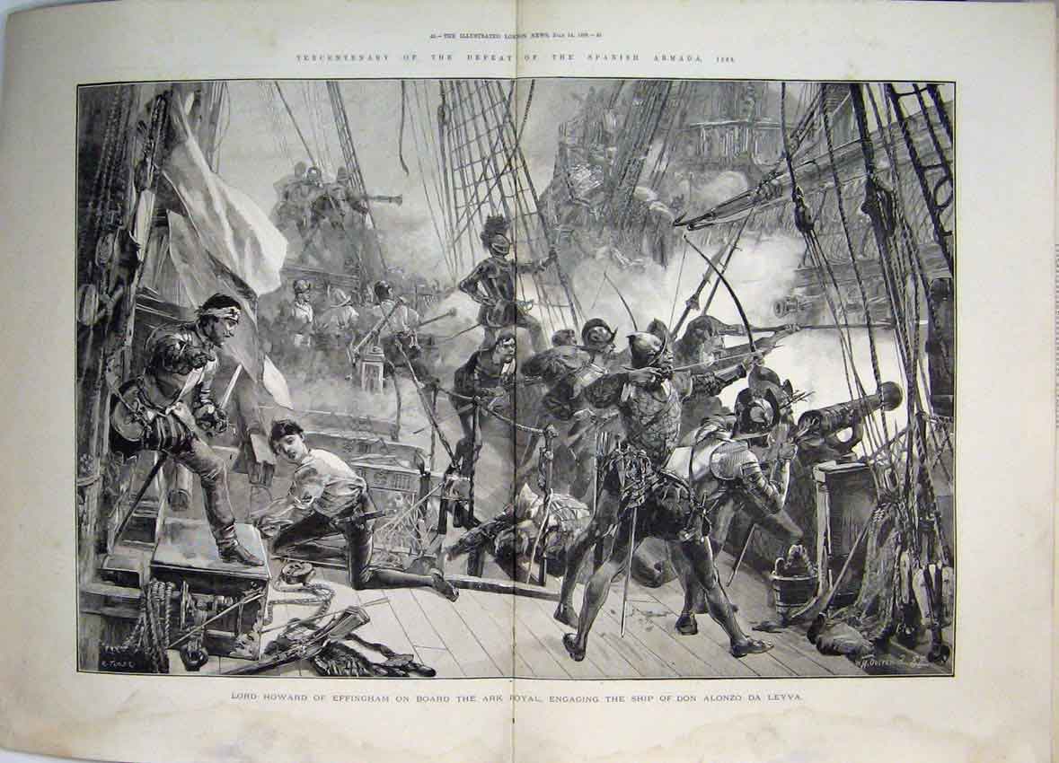 Original Old Antique Print 1888 Lord Howard Ark Royal Ship Spanish Armada War